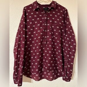 J. Crew Shirt Women Burgundy Terrier Print Silk Blend Button Up Long Sleeve Sz12